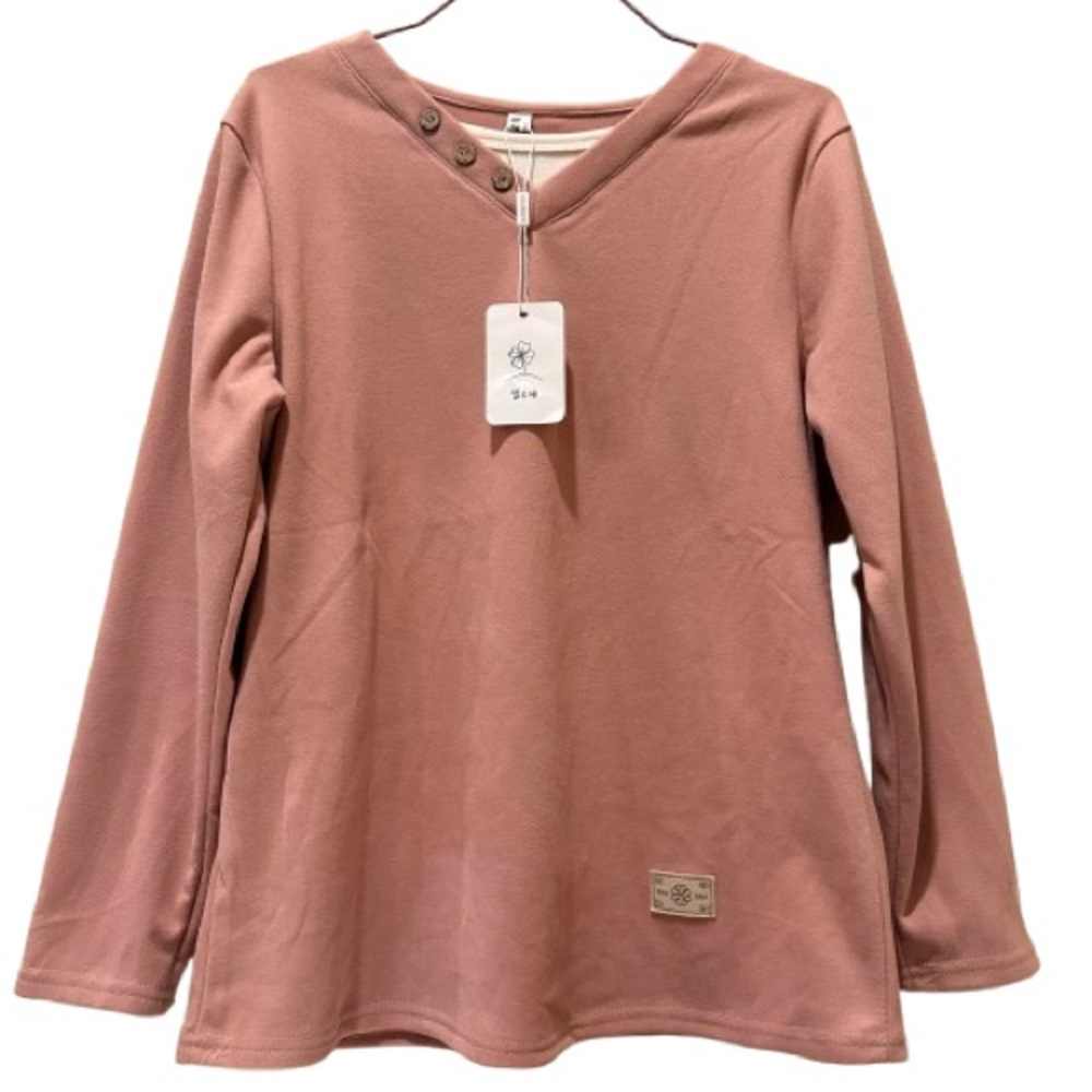 Korean Fashion Women Mock Two-Piece Flannel Long Sleeve Shirt Pink/White Size M